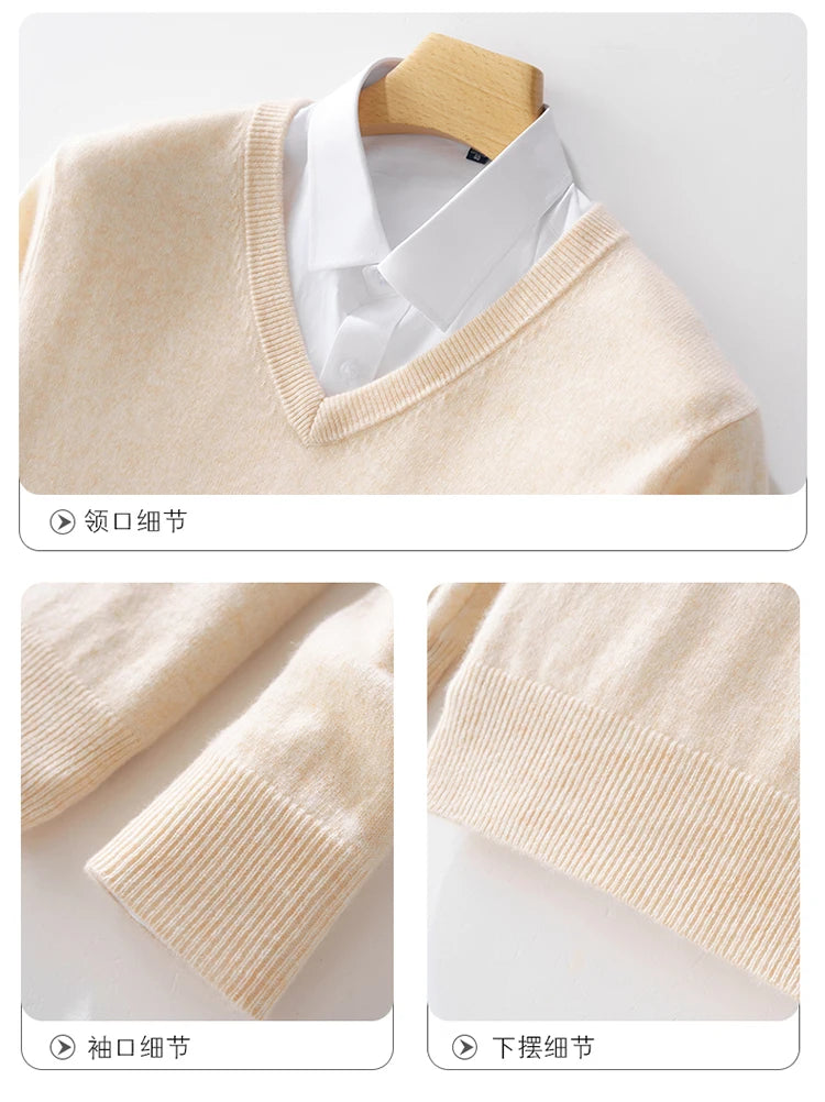 100% Merino Wool Men's V-Neck Pullover Autumn and Winter Basic Knit Versatile Sweater Casual Long Sleeve Shirt Cashmere Man Top