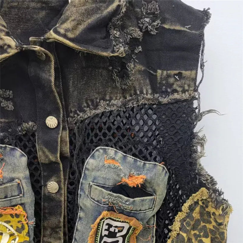 Design Sense Trendy Cool Personality Contrasting Color Stitching Old Denim Vest 2025 Spring Summer New Fashion Vest for Women