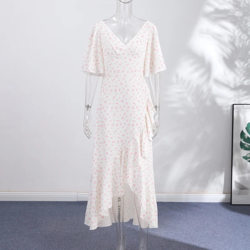 Elegant Print Women Long Dress Chic Ruffle Pleated Short Sleeve V-neck Waist-Closed Female Dresses 2026 Summer Beach Lady Robe