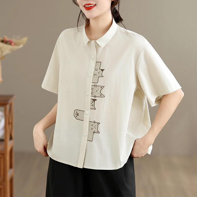 Casual Style Embroidered Pure Cotton Loose Fit Short Sleeve Shirt Women's plus Size Slimming Versatile White Summer Shirt