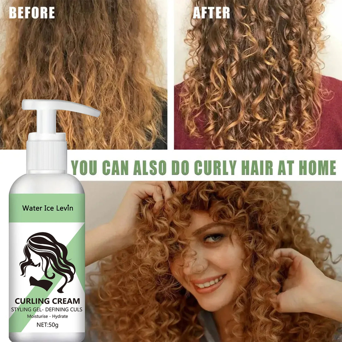 Water Ice Levin Curling Cream Styling Gel Defining Curls Moisturising Hydrate Soft Flexible Feel Curly Hair Care 50g