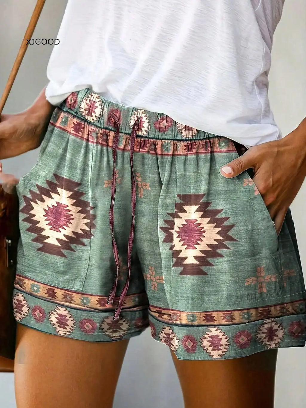 High Waist Printed Loose Shorts Lace up Straight Leg Pants European Style Simple Fashion Polyester Fiber Non Iron Daily Wear