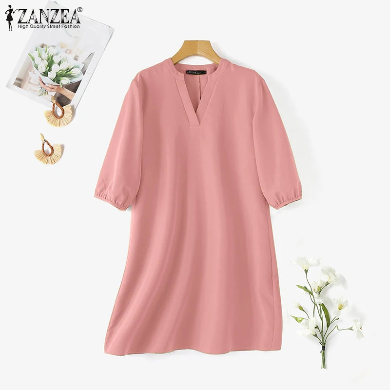 2025 ZANZEA Fashion Women V Neck 3/4 Sleeve Dress Autumn Sundress Elegant Solid OL Work Dresses Casual A Line Loose Vestido Robe