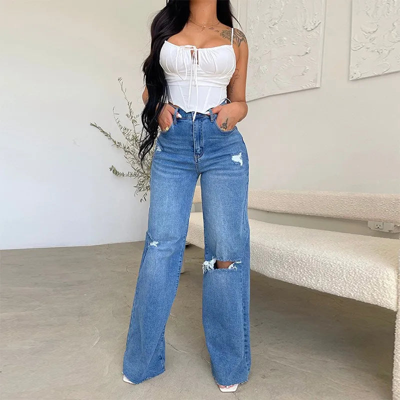 Baggy Jeans Women Flared Denim Pants High Waist Wide Leg Distressed Denim Jeans Light Wash Ripped Frayed Hem Jeans Pants
