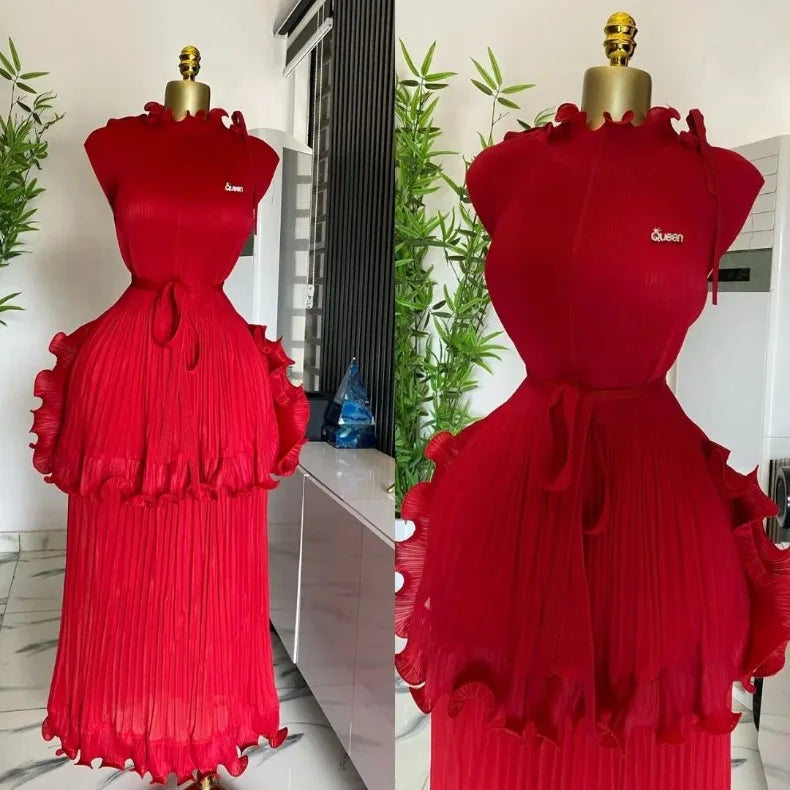 EGRM 2025 Summer New Pleated Dress Women's Solid Sleeveless Ruffles Lace Bottom Skirt with Belt Fashion Female Dresses 9R5618