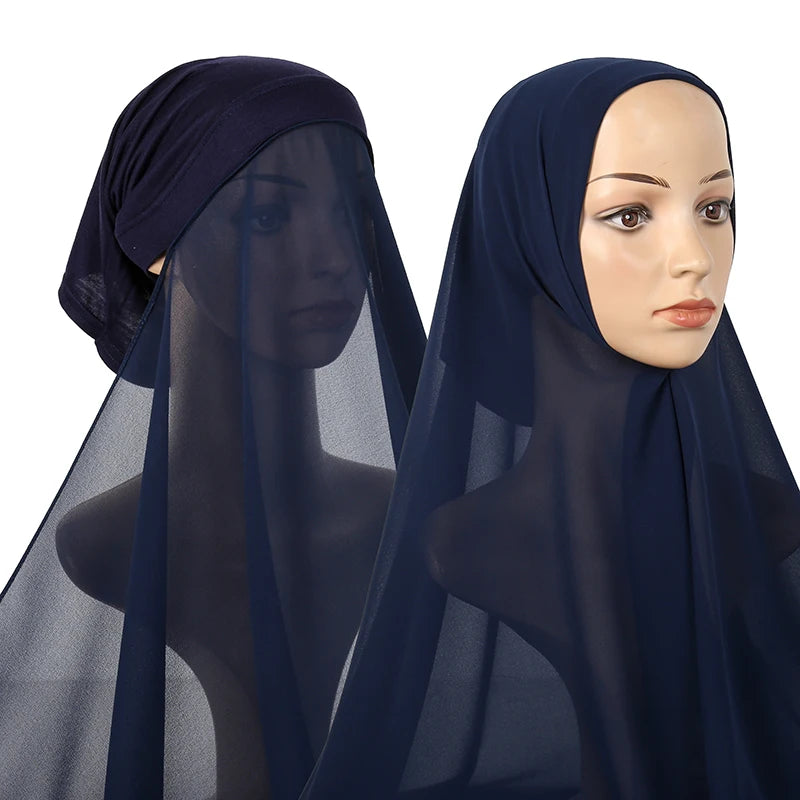 Instant Hijab with Tube Caps Women Premium Chiffon Hijab Muslim Soft Modal Cotton Open Caps Solid Colors Chiffon Shawl Turban