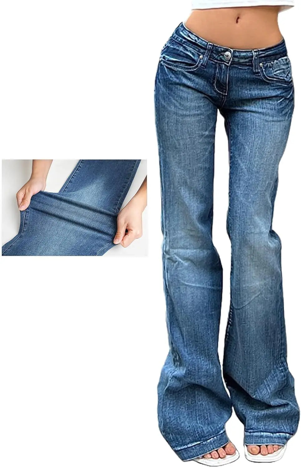 Women Washed Jeans Flare Pants Denim Mid Waist Slim Fit Pockets Button Solid Vintage Full Length Casual Denims Trousers
