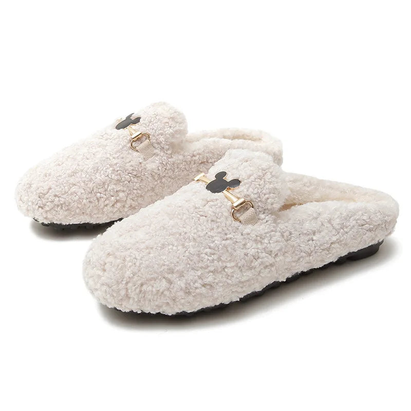 Winter Warm Plush Mules Women One Band Fur Slippers Cozy Cotton Shoes Woman Flats Cover Toe Fleeces Slides Femme Wool Pantuflas