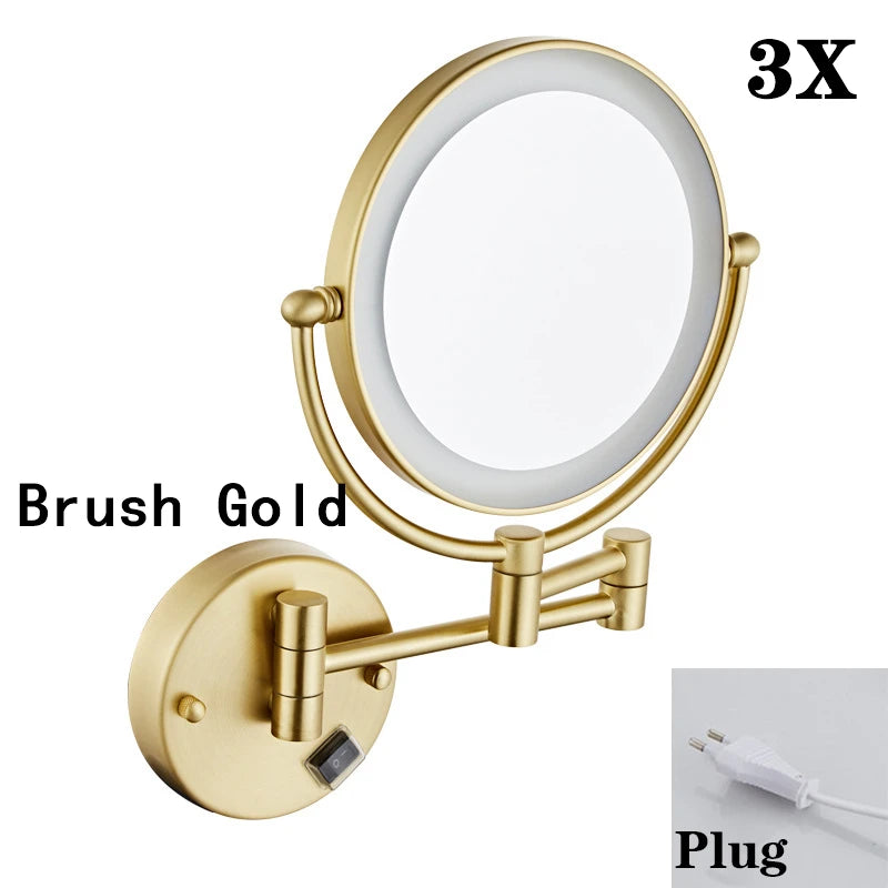 Brushed Gold LED Makeup Mirror with Brass Folding Bathroom Mirrors of 8 Inch 3X 5X Maynifying Makeup Mirror Dual Face LED Mirror