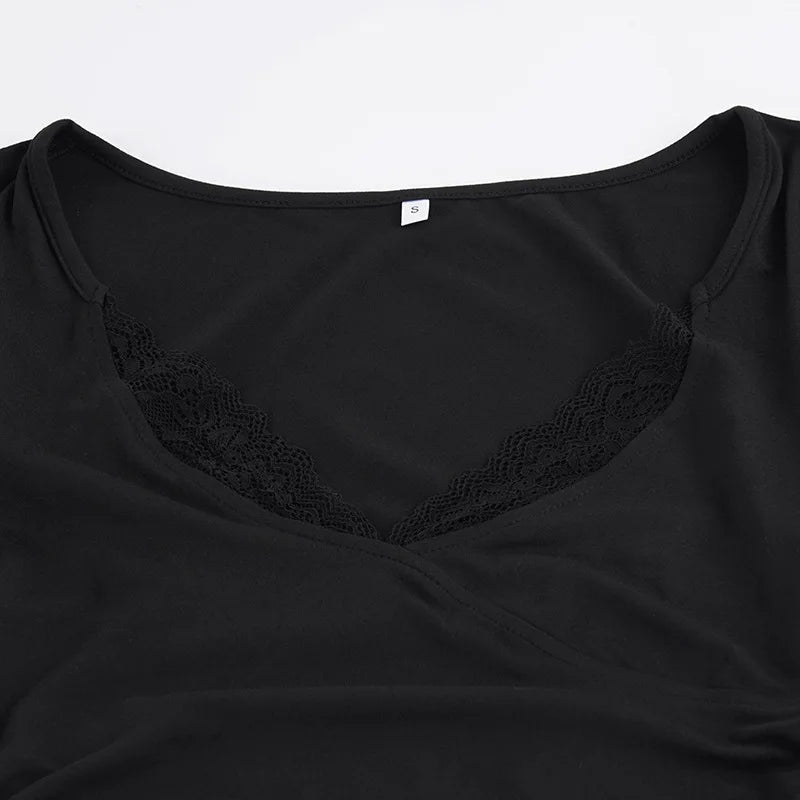 Fashionable Deep V-Neck Lace Panel Slim Fit Sexy Pleated Short Skirt Dress High Waist Milk Fiber Long Sleeve for Neutral Use
