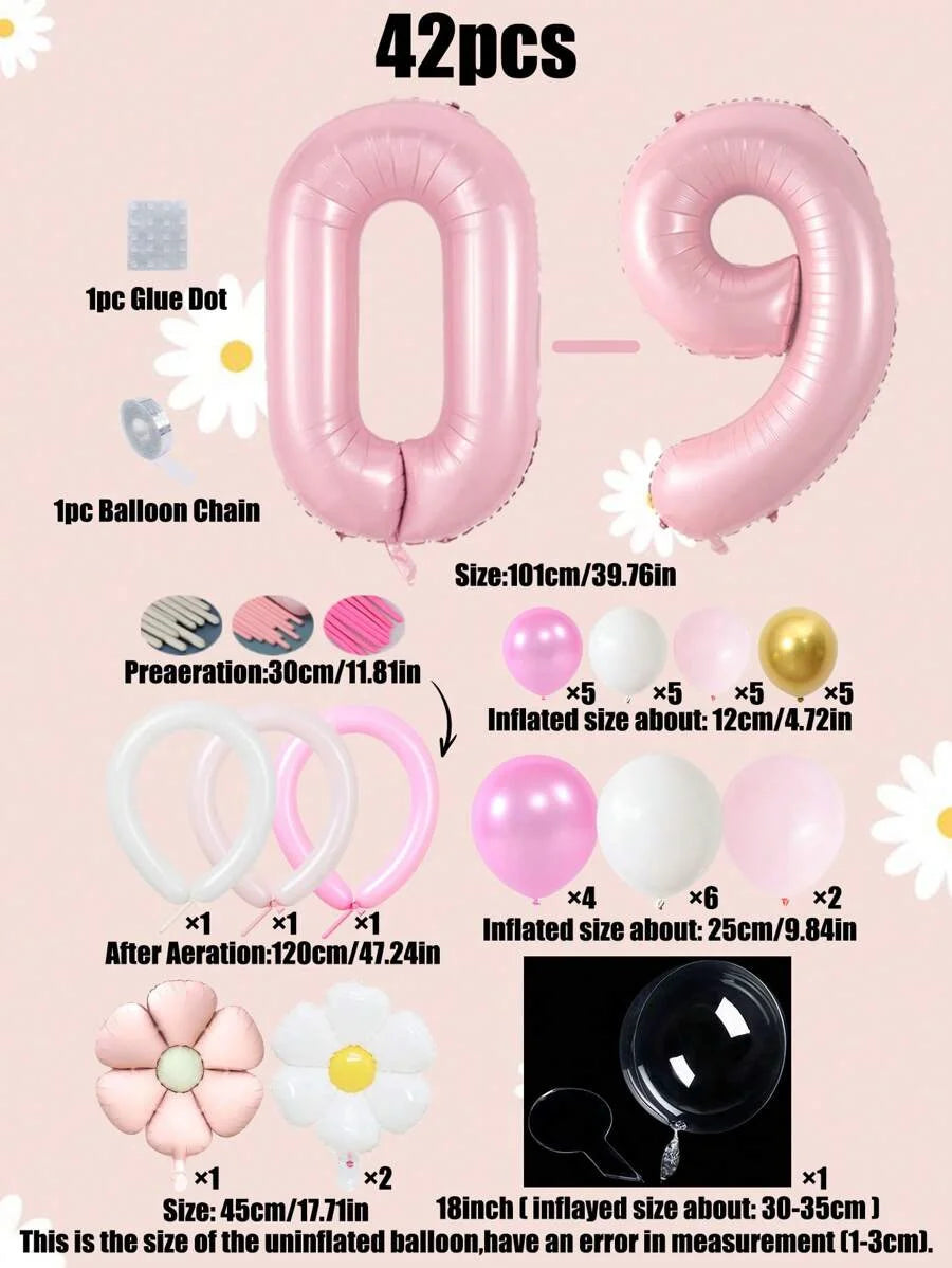 42pcs Daisy Pillar Balloon Set, Includes Oversized Pink Number Balloons, Sunflower Foil Balloons,For Birthday,Girls' Party