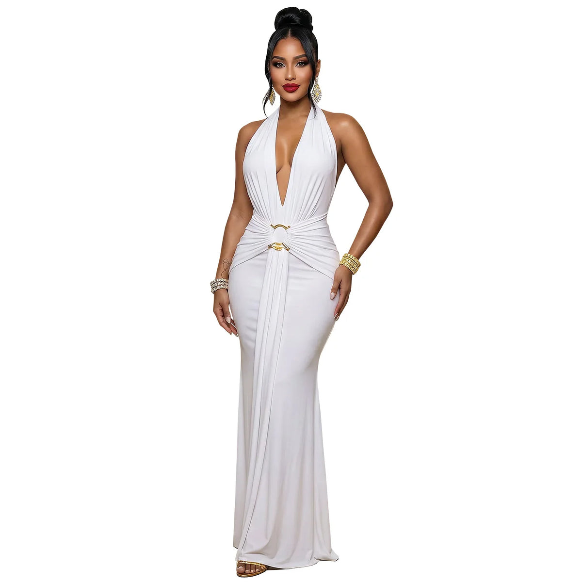 EINY Sexy Women White Halter Maxi Dress Elegant Backless Ruched Bodycon Long Gown Party Club Night Birthday Mermaid Dresses Y2K