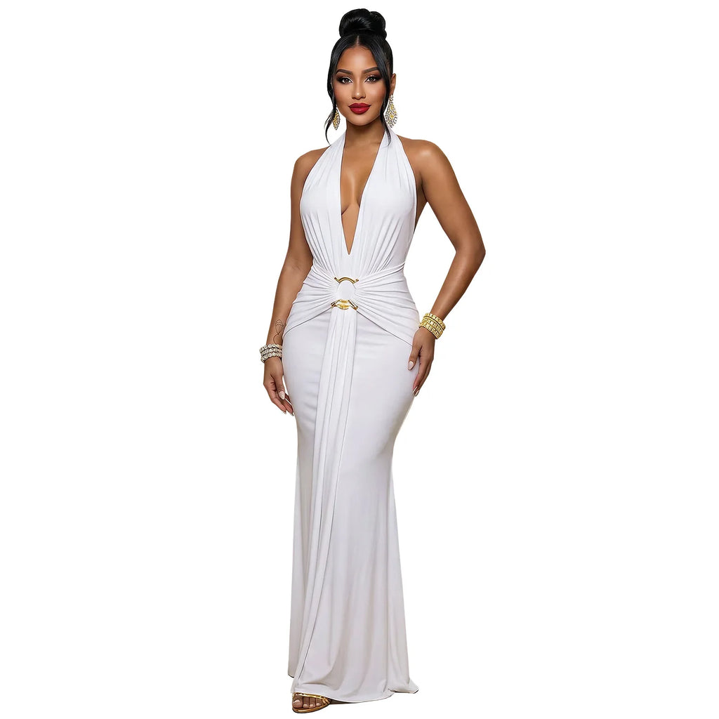 EINY Sexy Women White Halter Maxi Dress Elegant Backless Ruched Bodycon Long Gown Party Club Night Birthday Mermaid Dresses Y2K