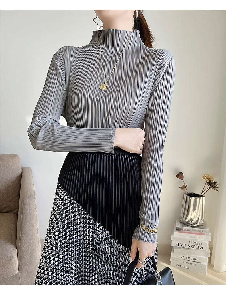 Miyake Pleated Long Sleeves Tops Fall 2025 Winter Korean Fashion Women Classic Solid Color Turtleneck Casual Elegant T-shirt