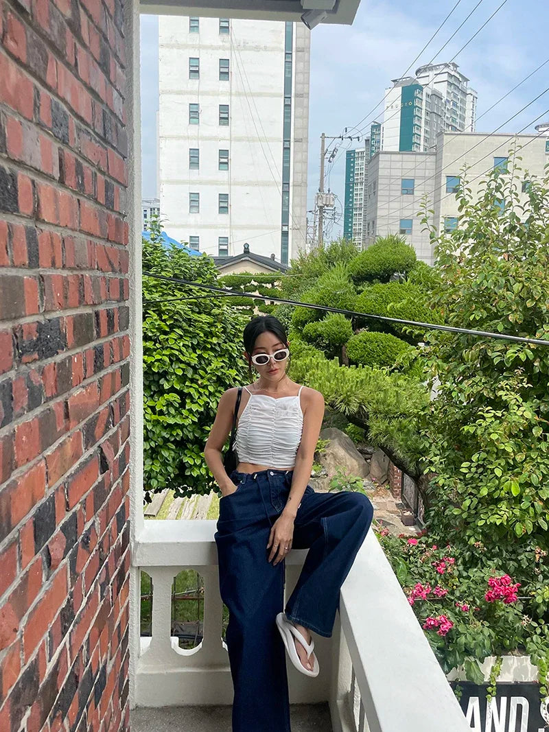 Retro High-waisted Women's Straight Jeans Summer New Fashion Loose Drawstring Design
