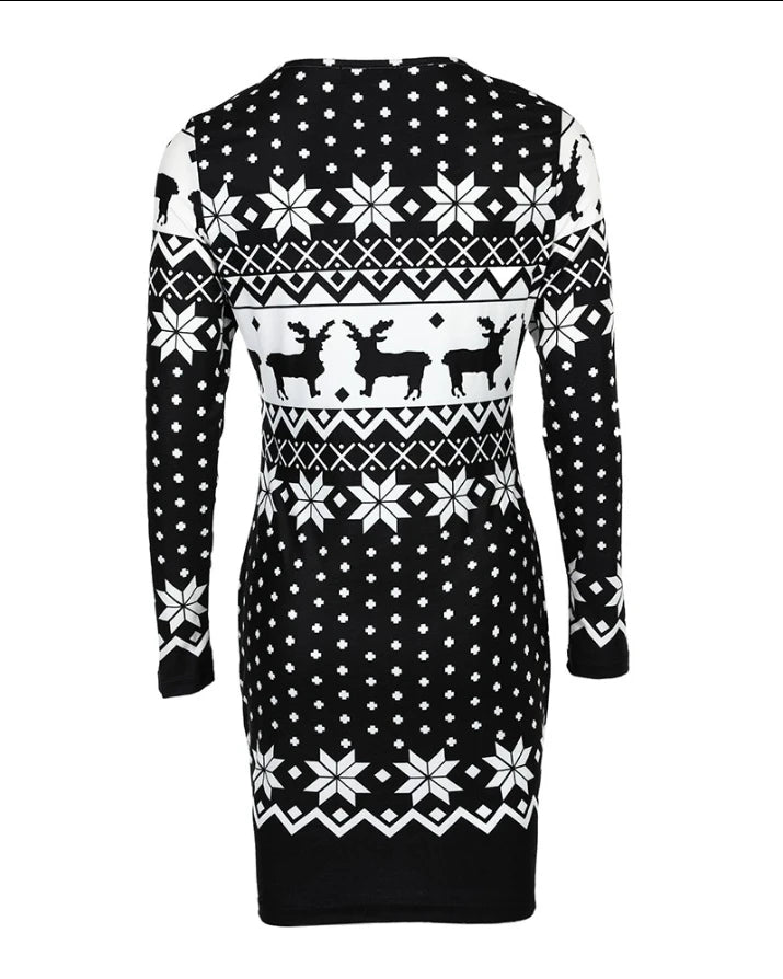 Christmas Women's Dresses 2024 Autumn Long Sleeve Fashion Snowflake Elk Print Casual O-Neck Daily Skinny Mini Dress