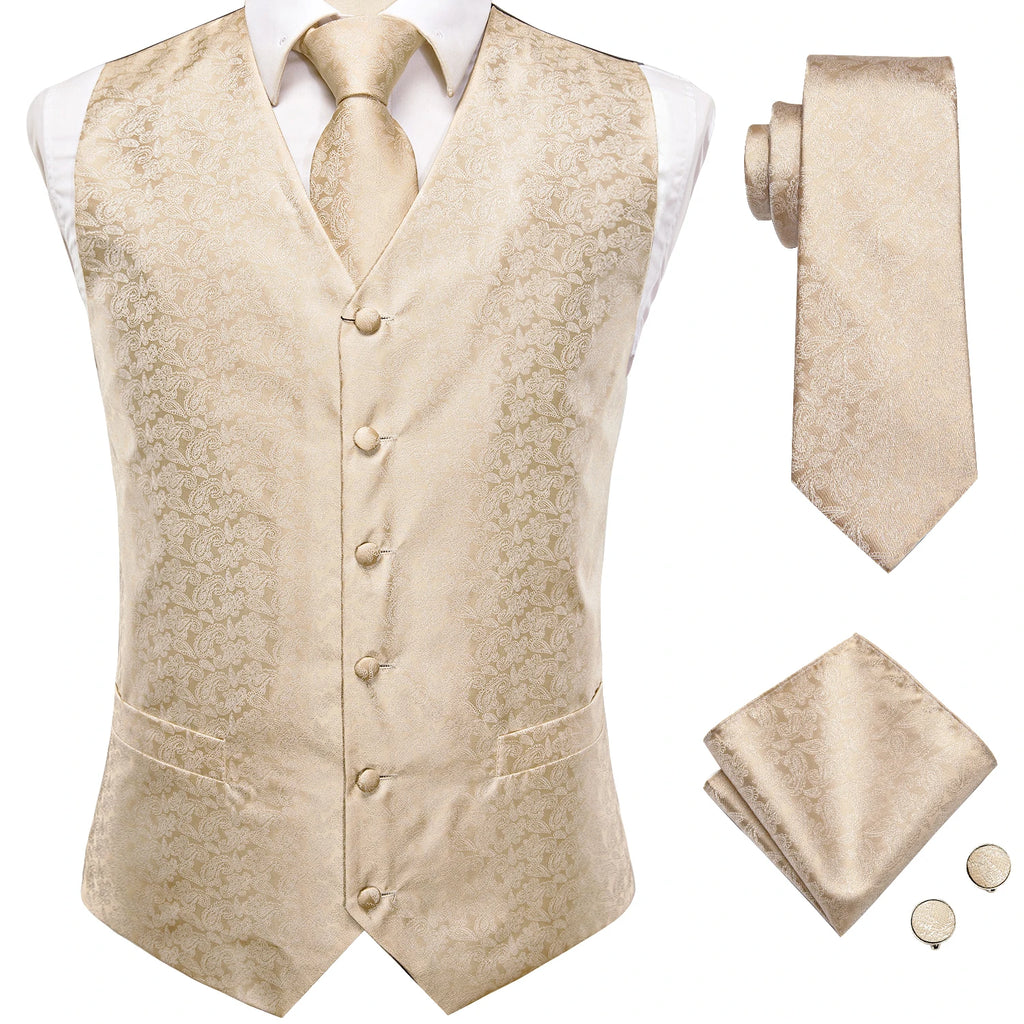 Hi-Tie Silk Mens Waistcoat Tie Set Gold Brown Orange Beige Ivory Khaki Bronze Sleeveless Jacket Suit Vest Necktie Hanky Cufflink