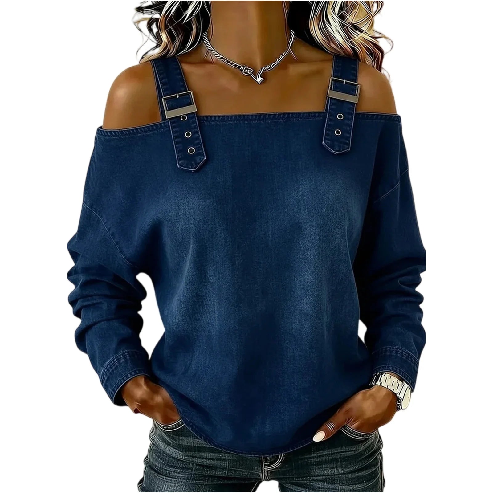 Women's Denim Top, Stylish Off-the-shoulder Long-sleeved Top with Shoulder Straps, Elegant and Versatile Denim Shirt, Streetwea
