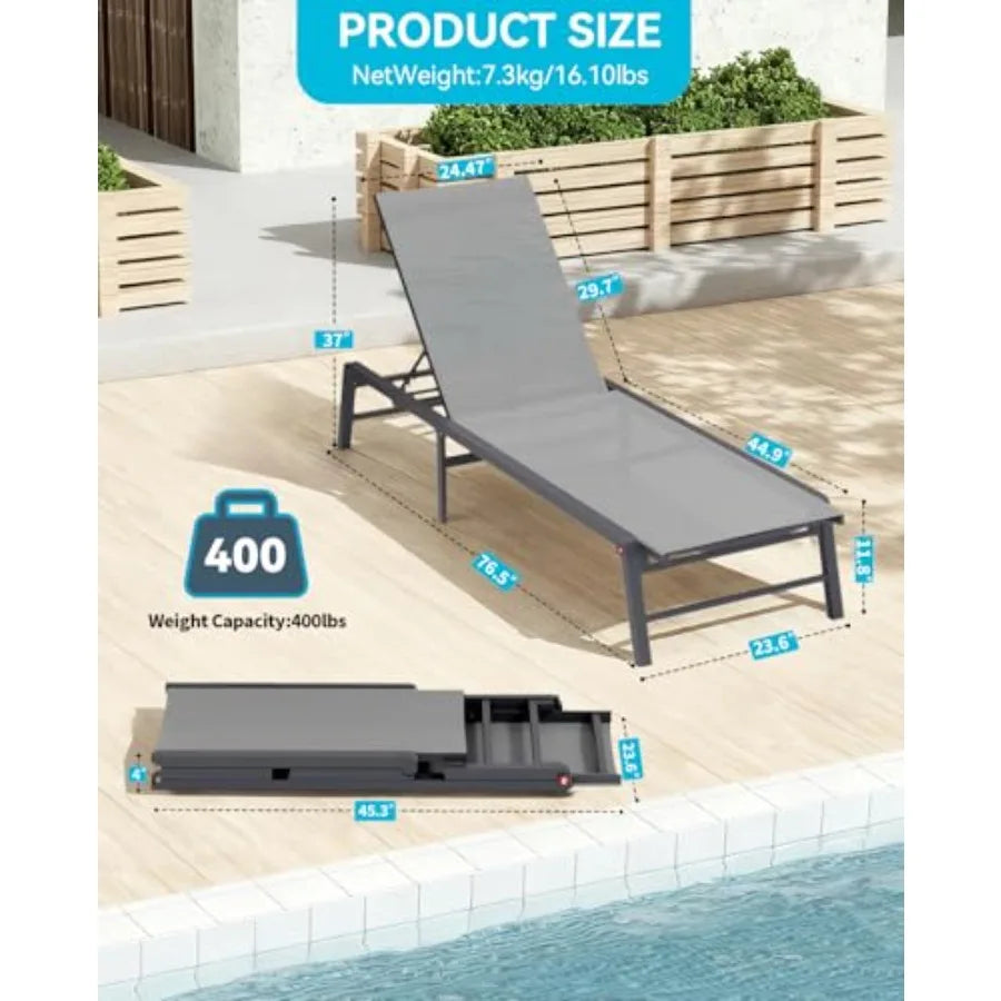 Aluminum Chaise Lounge Outdoor, Foldable Assemble-Free, 5-Adjustable Backrest, Gray/Beige, Lightweight Rust-Resistant for Pools