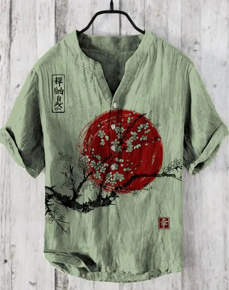 Hot sale Henry shirt 2025 summer men's casual short-sleeved T-shirt floral print top linen blend comfortable fabric XS-6XL size