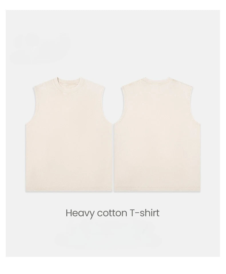 230g Pure Cotton European and American High Street Retro Washed Distressed Sleeveless Vest Men's Casual Loose Shoulder T-shirt