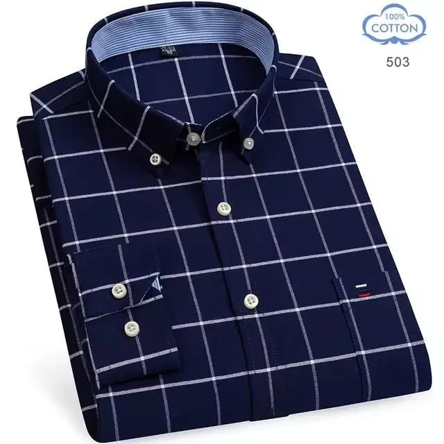 100% Pure Cotton Oxford Shirts for Men Long Sleeve Plaid Shirt Striped Male Business Checked Red Shirt Mans Designer Clothes 7XL
