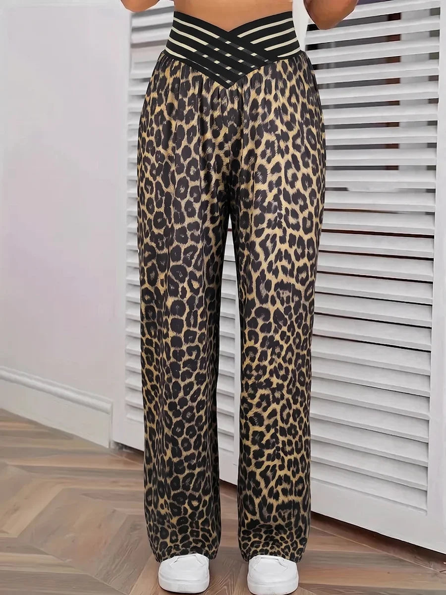 Leopard Print Wide Leg Pants Women Sexy High Waist Elastic Waist Loose Trousers Summer Autumn Casual Streetwear Y2K Vintage