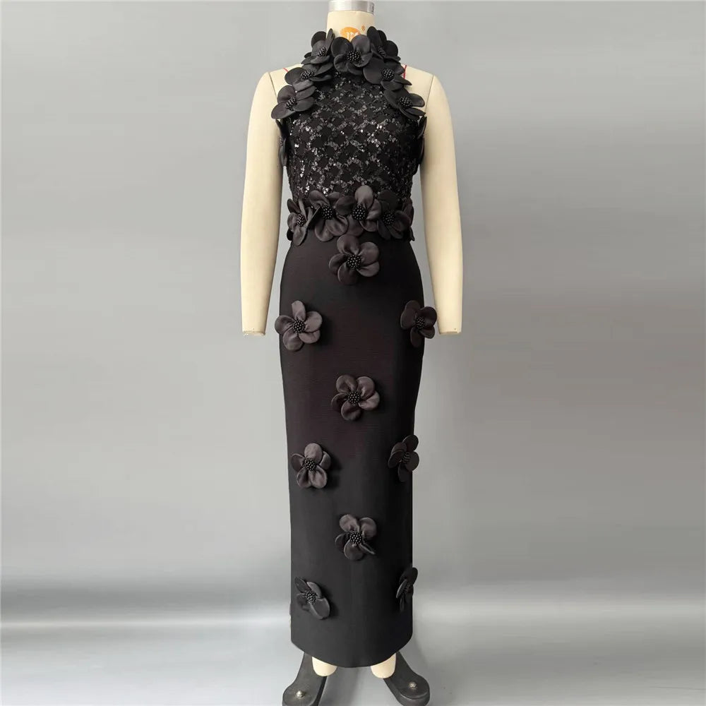 Women Fashion Flower Beading Sequins Patchwork Bandage Dress Celebrity Party Sleeveless Elegant Dresses