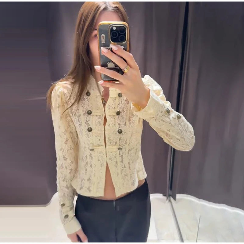 Solid Satin Lace V-Neck Puff Sleeve Blouse Curved Hem Slim Fit 2026 Summer Glam Women Satin Shirt Parisian Versatile Lady Blusa
