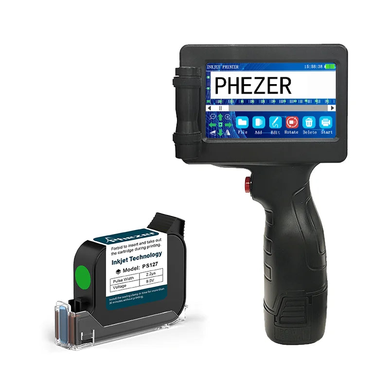 Phezer 1755 Handheld Inkjet Printer 12.7mm Portable Label Printing Machine Expiry Date Number QR Bar Code Logo Red Blue Black