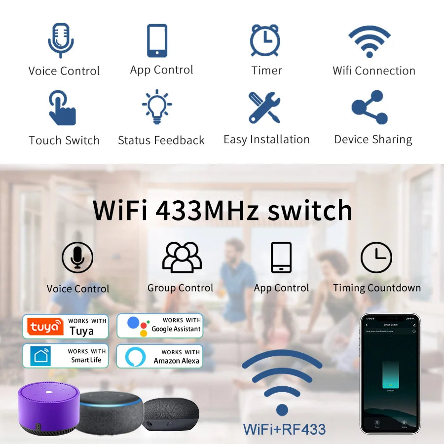 Wifi+Bluetooth Touch Light Switch No Neutral Wire &Neutral Wire US Touch Panel Wall Switches Works with Tuya Smart Life App