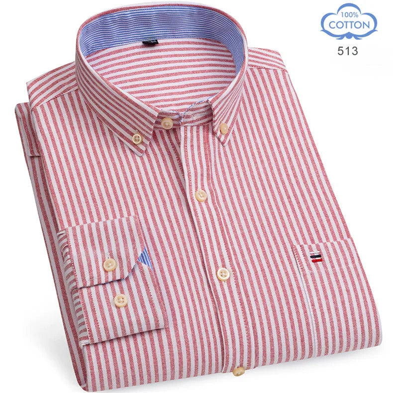 2025 Men's Social Shirt Pure Cotton Oxford Luxury Brand Thin Soft Buttoned Plaid Formal Work Western Clothing