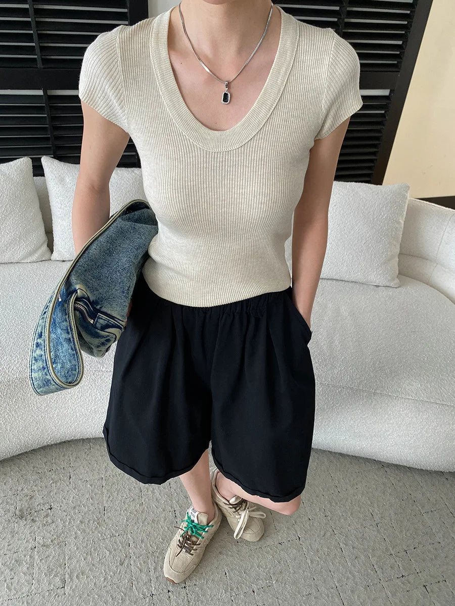 Summer women's relaxed loose wide leg A-line casual shorts versatile