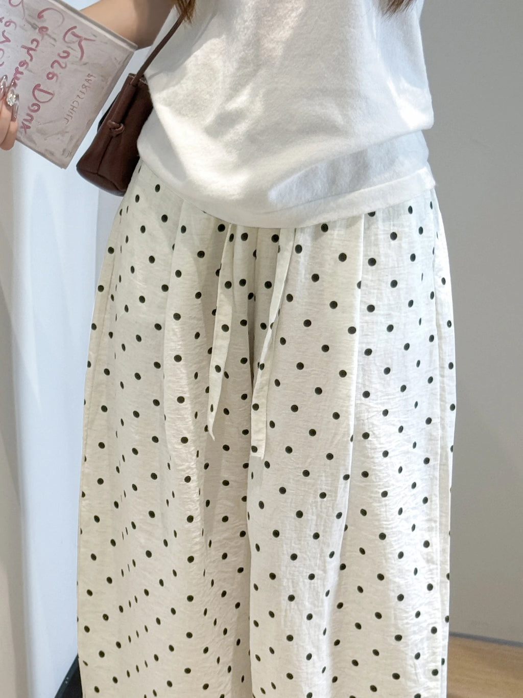 Linen Polka Dot Wide-Leg Pants for Women's Summer, Thin High-Waisted Loose and Laid-Back Style Yamamoto Pants, Casual Straight-L