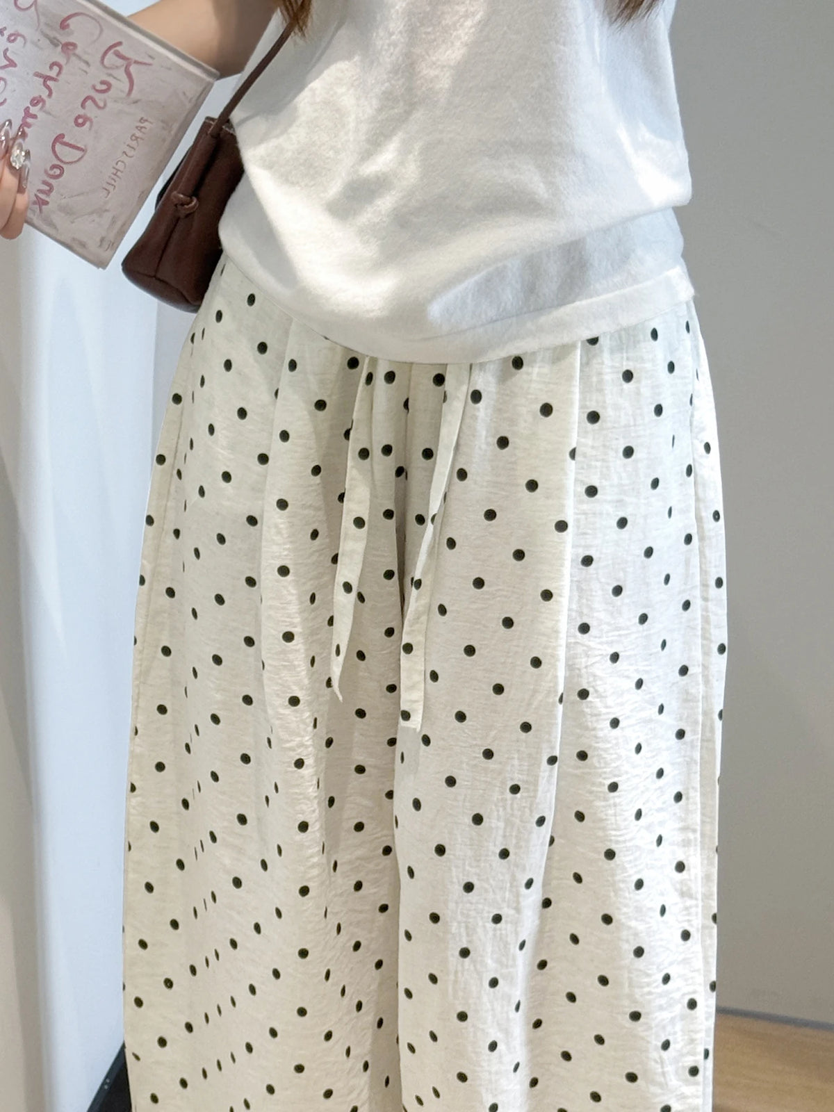 Linen Polka Dot Wide-Leg Pants for Women's Summer, Thin High-Waisted Loose and Laid-Back Style Yamamoto Pants, Casual Straight-L