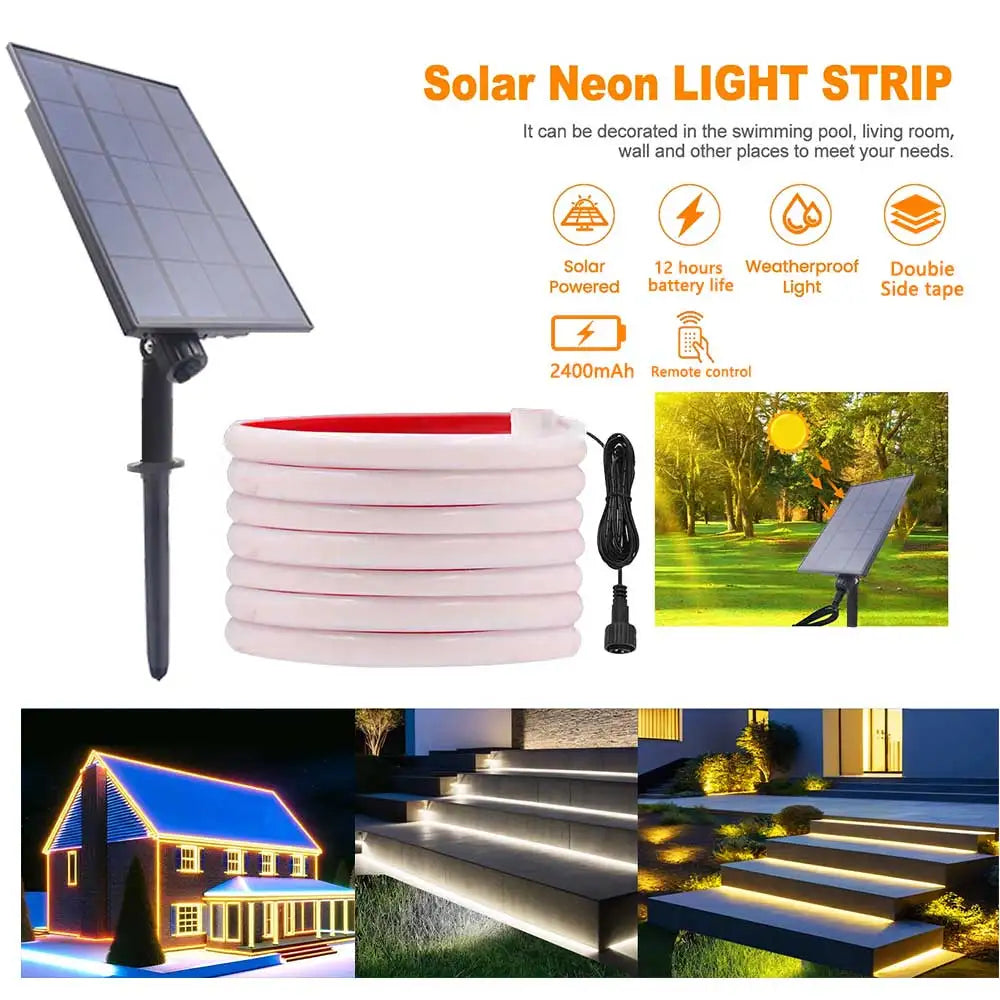 Solar Strip Ligh 24V COB Solar Neon Light Strips Waterproof IP65 Flexible Warm White High Density Linear Lighting COB LED Lights