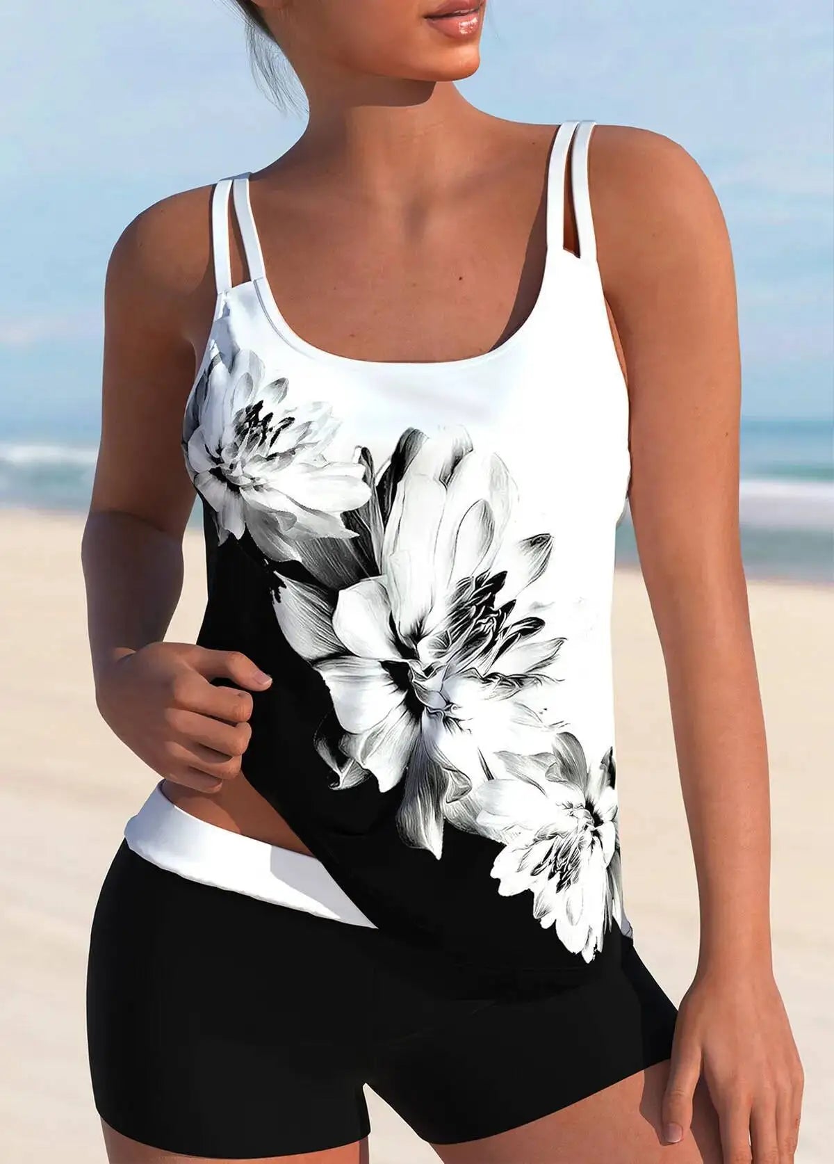 Women's Double Strap Floral Print Tank Top Knit Fitted Top Boho Tank Top Spring Summer Beach Tank Top Daily Lightweight Top
