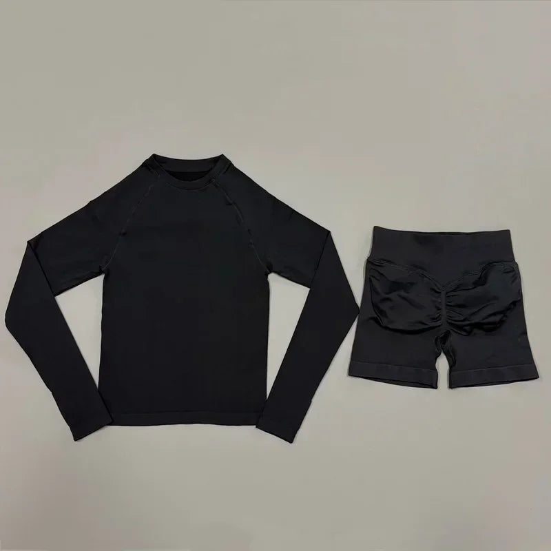 2 Piece Fitness Outfit Women Raglan Long Sleeve Crew Neck Top Hip Shaping Scrunch Shorts Stretch Soft Dance Gym Workout Set