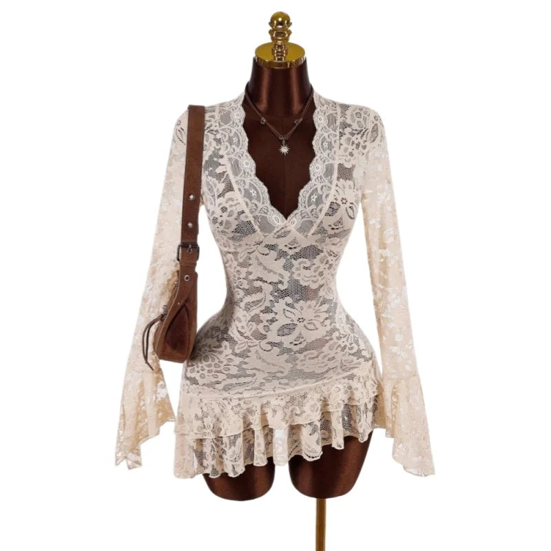 Wmstar Dresses for Women Wholesale Ruffled Lace V Neck Belted Short Dress See Through Design Suitable Beach Vacation 2026