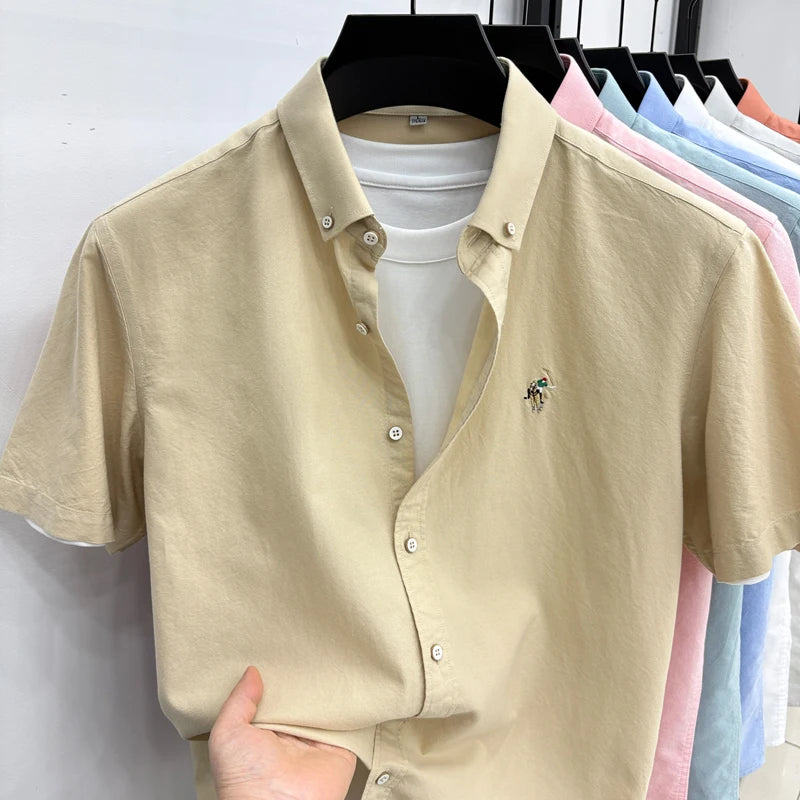 Short Sleeved Shirt Men's Summer New Item Pure Cotton High-end Brand Little Horse Logo Embroidered Casual Shirt