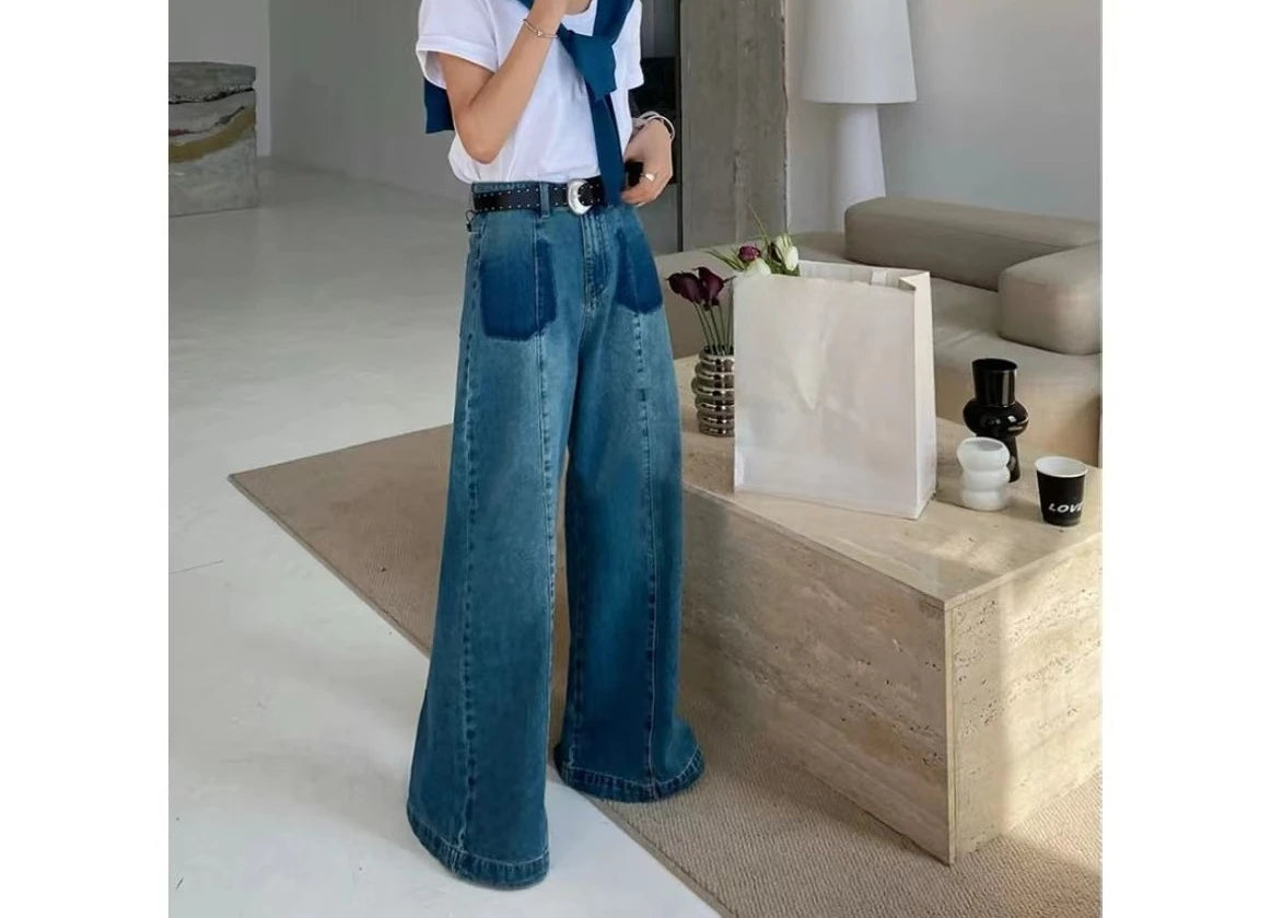 New Denim Jeans with Washed Design, High Waist Slimming, Retro Loose Straight Leg, Floor Hugging, Wide Legs