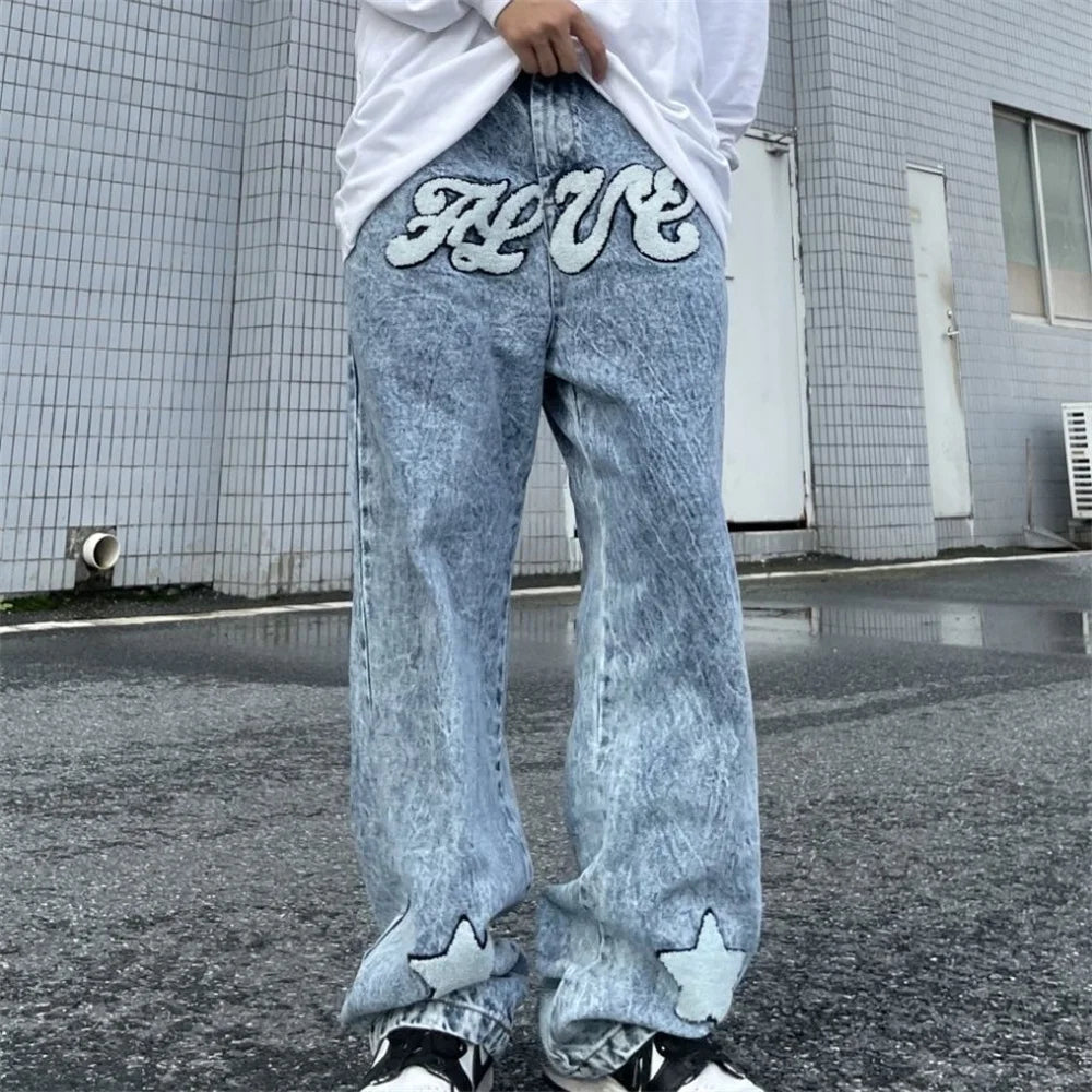 Trousers Cross Men's Straight Jeans Neutral Denim Stitch Loose Wide Leg Men Jeans Quality Casual Baggy Trousers Street Hip Hop