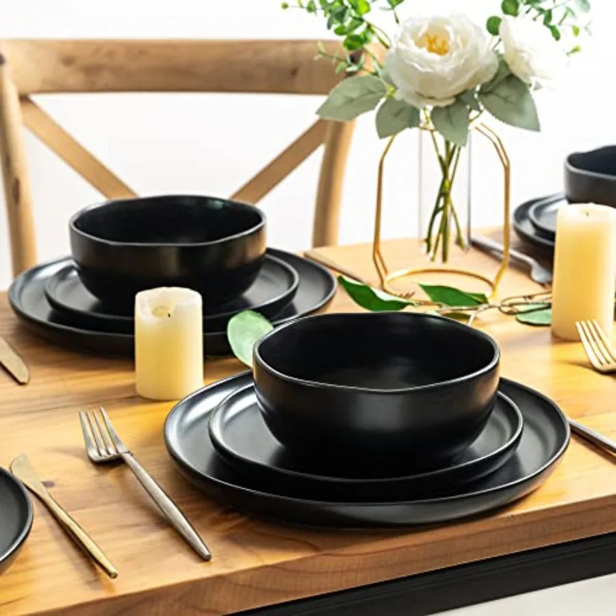Ceramic Dinnerware Sets, Wavy Rim Stoneware Plates and Bowls Sets, Dishwasher and Microwave and Oven Safe Dishes set, pc
