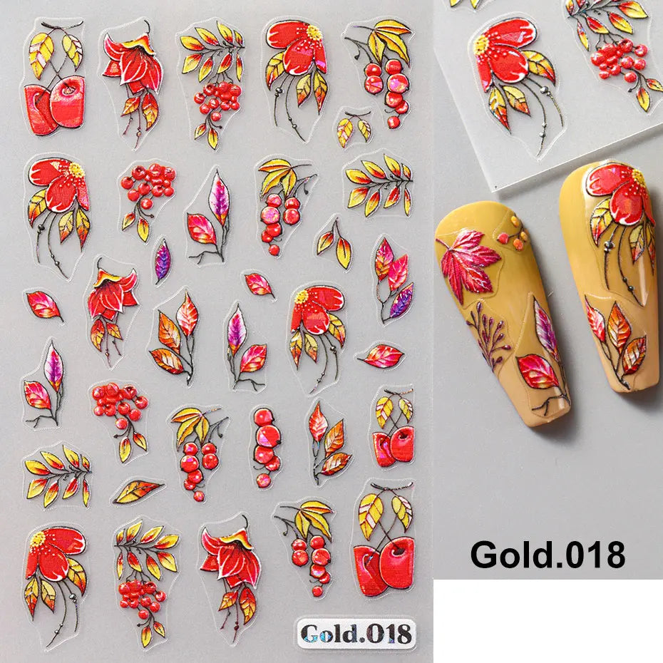 2/4pcs 5D Laser Autumn Bird Decals Fall Embossed Maple Leaves Squirrel Nail Sticker Fruits Flower Engraved Charm Manicure Decor