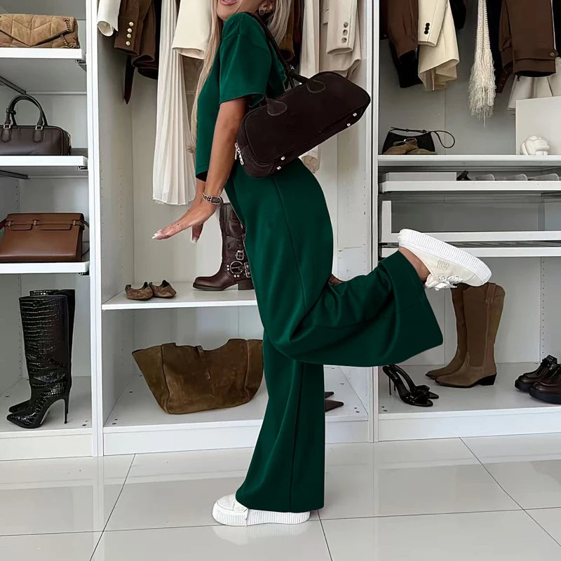 Women Fashion Simple Solid 2 Piece Sets Elegant O-neck Pullover Tops & Long Pant Suits Casual Short Sleeve Loose Summer Outfits