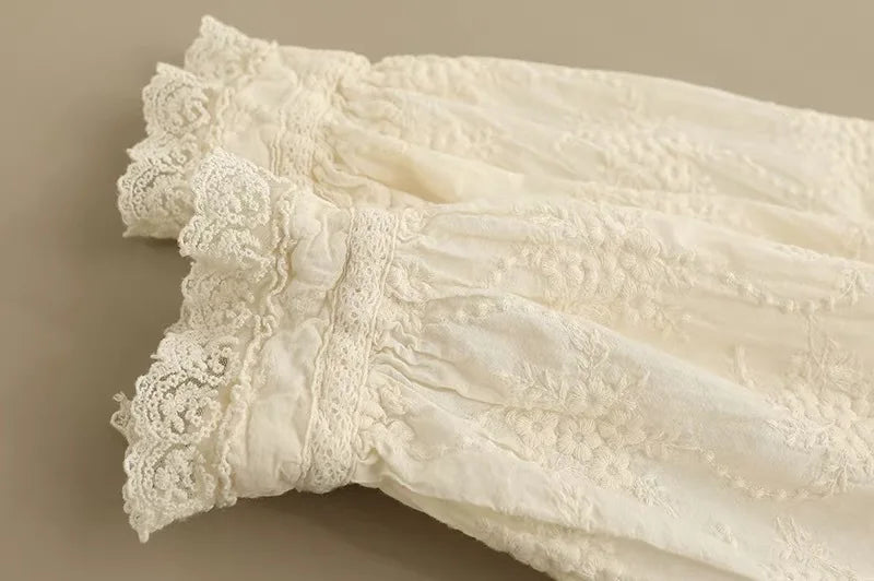 Vintage Embroidery Hollow Out Cotton Linen Dress Women Spring Mori Girl Lace Ruffled Casual Long Sleeve Loose Pullover Vestidos