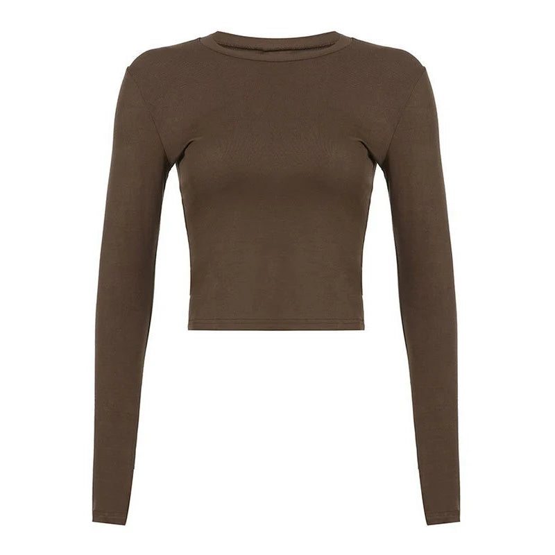 Women Casual Slim Fit Long Sleeve O-Neck T-shirts Tops Spring Fall Solid Color Tees with Thumb Holes Streetwear