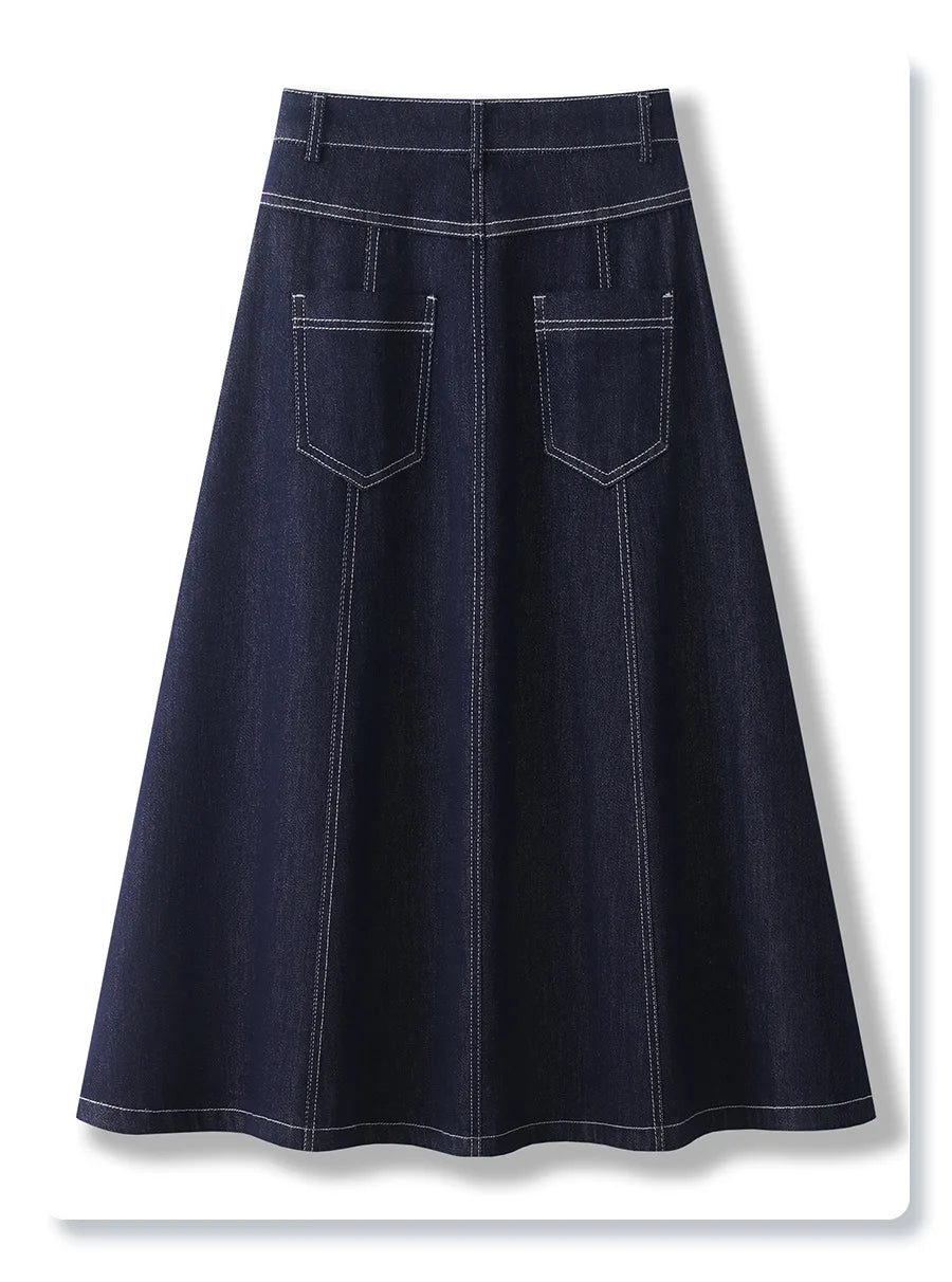 Dark Blue Denim Mid-Calf Skirts For Women 2025 New Spring and Summer Casual Loose Streetwear Office Lady Chic Long Skirts
