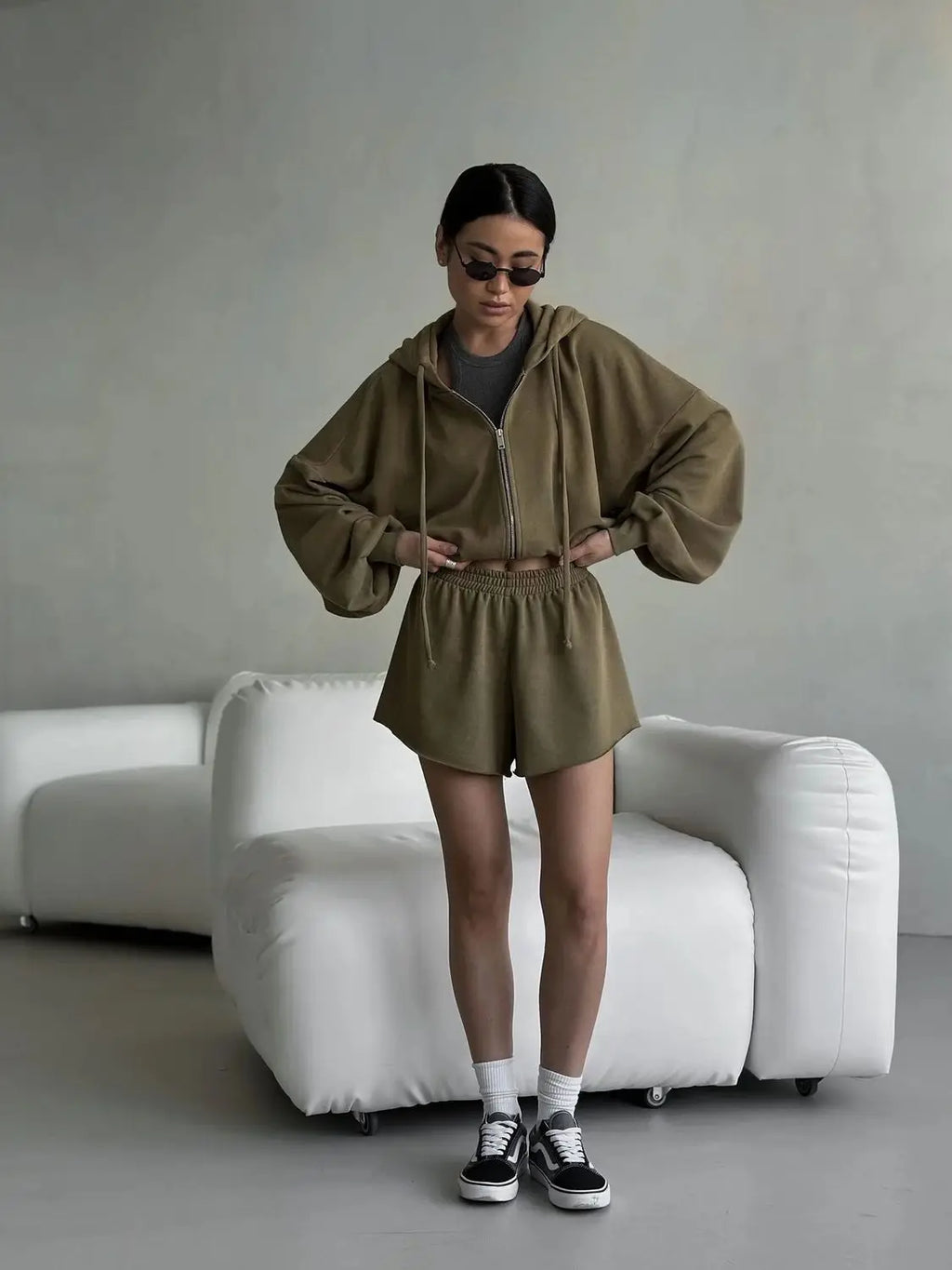 Women's Outfit Long-Sleeve Hooded Drawstring Sweatshirt Shorts Set Two-Piece Sets Sports Suit Sportswear Streetwear Trendy