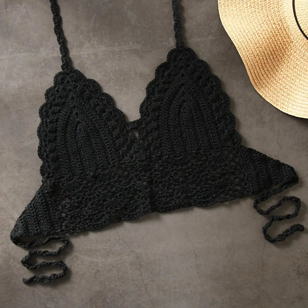 Women Summer Sexy Bikini Crochet Crop Top Boho Beach Camisoles Knit Bralette Bra Halter Neck Vest Holiday Beachwear